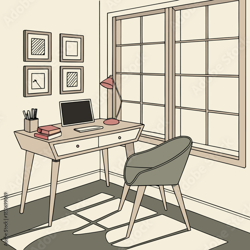 Modern home office with laptop desk lamp pictures and chair near large window