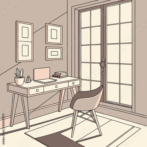 Clean home office with laptop books succulent plant and chair next to window