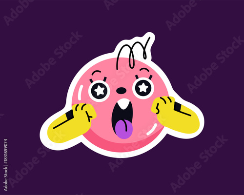 Cute emoji of surprised circle with open mouth. Funny emoticon of round character with amazed emotion on face. Geometric shape with astonished facial expression. Flat isolated vector illustration