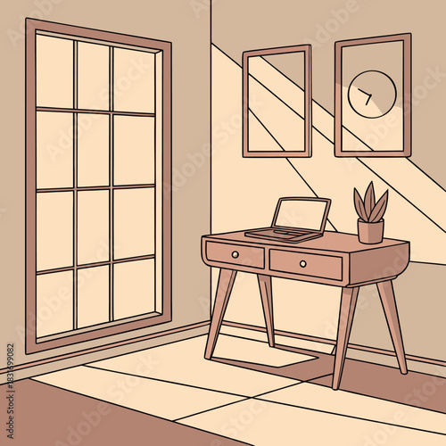 Minimalist interior design home office with modern desk laptop and plant near window