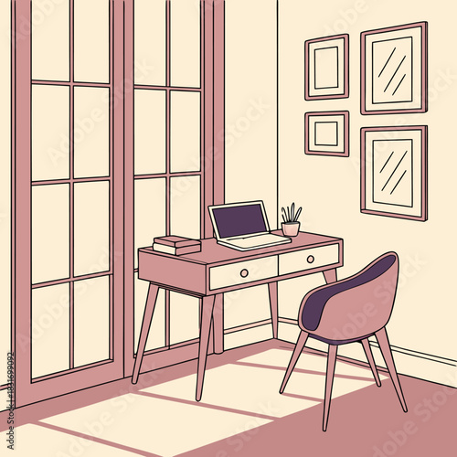 Cozy home office with stylish desk chair laptop and decorative frames on wall