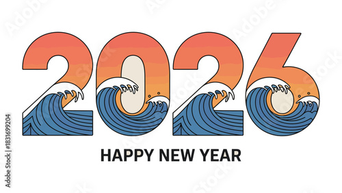 2026 New Year Waves: An artistic illustration captures the vibrant spirit of a Happy New Year, incorporating ocean waves and a setting sun within the numerical design.