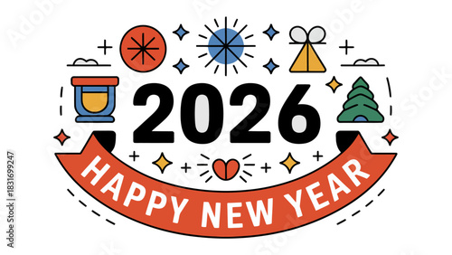 New Year 2026: A vibrant and festive illustration heralding the arrival of 2026, celebrating the New Year with icons and a lively design.
