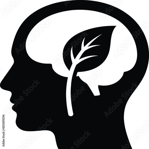 Green Mind: A silhouette captures the human mind, ingeniously merging with a symbol of nature. The image is an elegant visual metaphor for consciousness, thoughts, and ideas