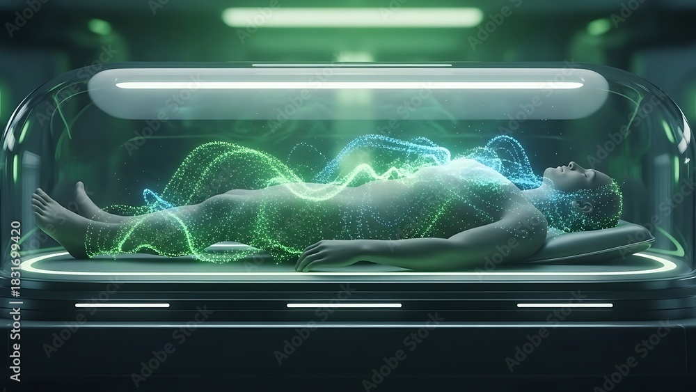 Fototapeta premium Futuristic medical pod healing human body with green energy