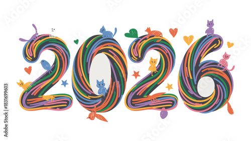 Colorful 2026: An artistic rendering of the year 2026, embellished with playful cats, hearts, and stars, crafted from vibrant, swirling lines.