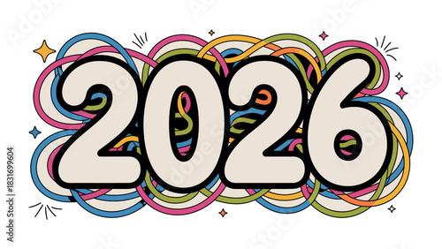 Year 2026 Typography Design: Bold 2026 numeral design with a creative and vibrant graphic style, ready for use as a banner or background. A contemporary design concept.