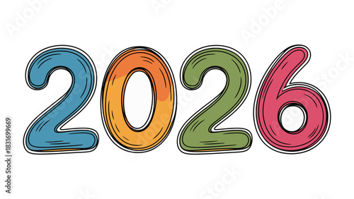 2026 Typography: A vibrant and colorful hand-drawn illustration showcases the year 2026, offering a visually appealing representation of a future date, suitable for a range of applications.