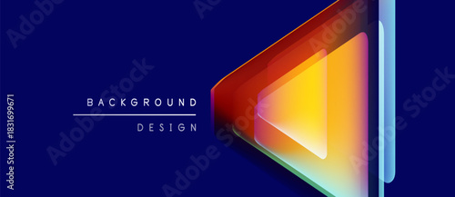 Abstract geometric shapes overlap, creating vibrant color gradients. Dark blue background provides strong contrast. Modern design element.