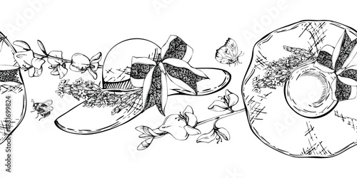 Lavender lavandula bouquet on woven straw hat with ribbon bow band. Spartium flowers and flying butterfly. Isolated seamless banner illustration hand drawn in vector ink. Personal care branding kits
