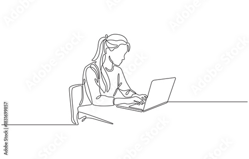Continuous one line drawing of Woman working on a Laptop, Single line art concept Vector illustration, isolated on transparent background.