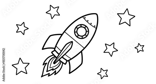Space adventure: hand-drawn rocket with stars in black and white