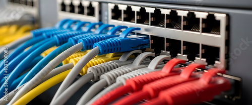 Many colorful ethernet cables connected to network switch. Close up of networking equipment for data communication and internet connection.