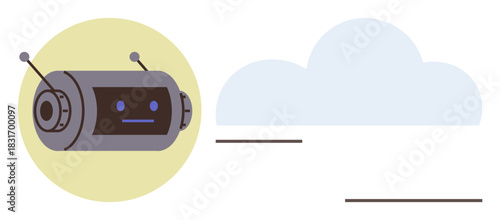 Futuristic robot head near cloud shape, combining artificial intelligence and digital storage. Ideal for modern tech, automation, AI, robotics, cloud services, innovation, and digital transformation