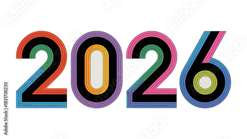 Year 2026 Typography: Bold and colorful typography features the year 2026, creatively presented with vibrant hues, symbolizing the future