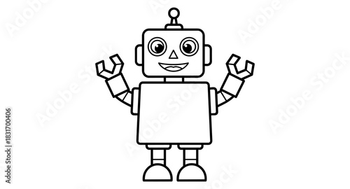Friendly robot outline with uplifted arms in simple linear style
