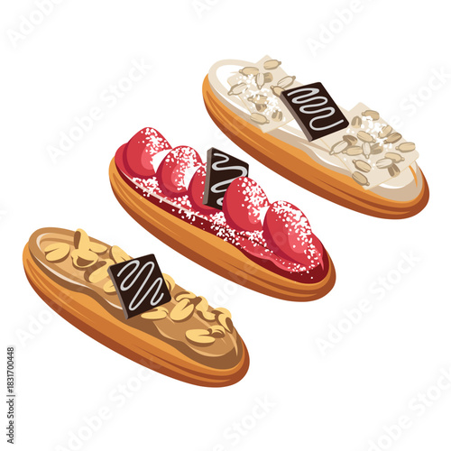 Traditional french dessert - eclairs with chocolate, nuts, fruit and berries isolated on a white background. Cartoon style. Sweets - cupcakes with decor. Illustration for children.