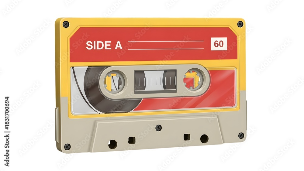 Fototapeta premium Retro audio cassette tape labeled side a, vintage music storage medium isolated on white background