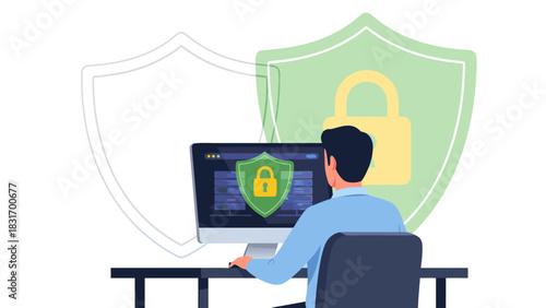 Vector illustration of a person at a computer working on cybersecurity and data privacy with shield protection symbols