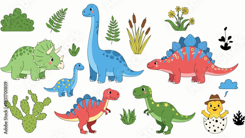 Various cartoon dinosaurs in a prehistoric setting with different types of dinosaurs and elements like a cactus or bushes