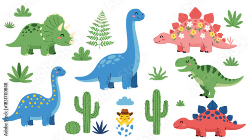 Adorable and Vibrant Collection of Cute Cartoon Dinosaurs with Cactus and Ferns, Ideal for Children's Designs