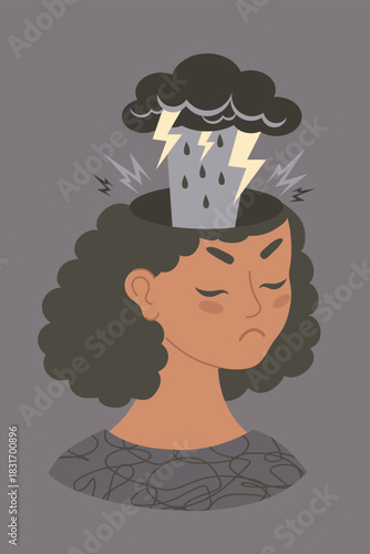 Mental Health. Sad Unhappy Ethnic Woman with Rain Cloud, Shower with Lightning from her head. Symbolizes emotional pain, confusion, Depression and Stress. Flat Vector Illustration. Not AI