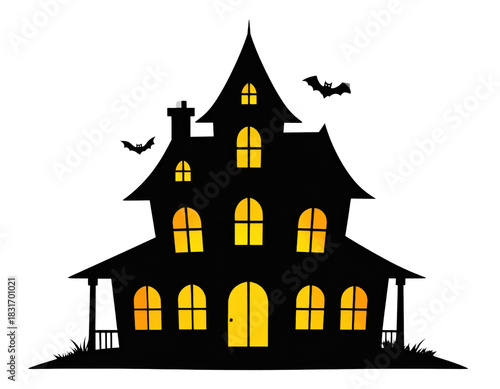 Wallpaper Mural Spooky haunted house silhouette with glowing windows and flying bats on transparent background, perfect for Halloween designs and autumn celebrations Torontodigital.ca