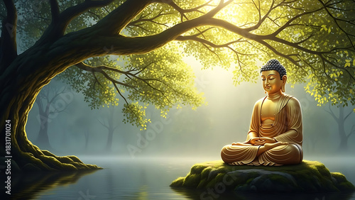 Golden buddha statue meditating peacefully under a large tree by a tranquil lake
