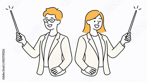Two people holding magic wands with cheerful expression illustration
