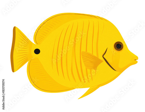 A bright yellow tropical fish with subtle orange vertical stripes and a small black spot near the tail fin is shown in a stylized vector illustration.