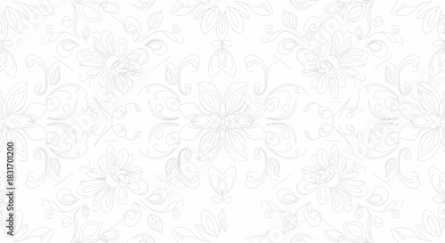Elegant floral pattern with intricate line art design in soft monochrome shades for decorative