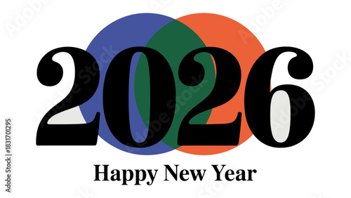 New Year 2026 Celebration: Capturing the spirit of anticipation and joy, this vibrant graphic design presents the year 2026. The scene is set with overlapping circles in shades of blue, green.