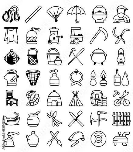A collection of various object in a vector graphic art form, perfectly illustrate the tools. Objects are drawn with bold, black lines, and each one carefully and artistically rendered 