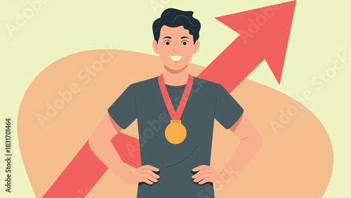 Confident man wearing gold medal with upward growth arrow background
