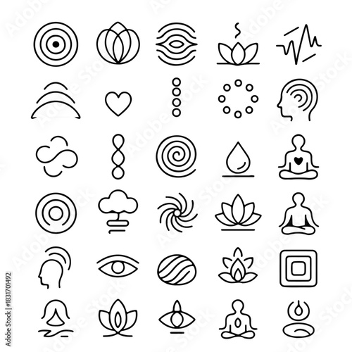 A collection of various meditation symbols displayed in an organized pattern. These icons encompass various spiritual and meditative concepts