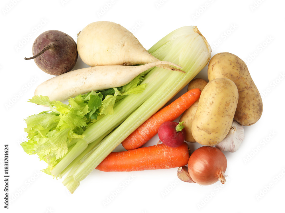 Naklejka premium Many different raw vegetables isolated on white, top view