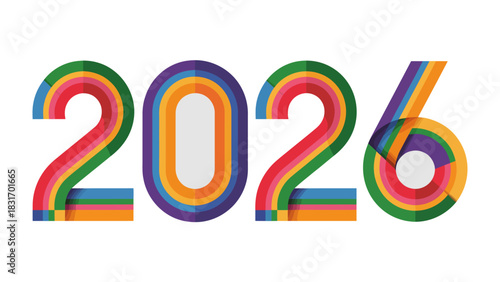 Rainbow Year 2026: Bold, colorful numerals represent the year 2026, with each digit crafted from vibrant, concentric rainbow stripes, evoking a sense of joy and optimism for the future.