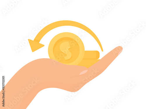 A hand holding a coin and an arrow on a white background. Concept of getting your money back after a purchase. Cashback symbol.