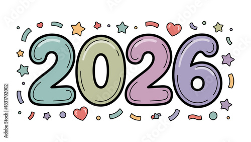The Year 2026: A playful and colorful illustration of the year 2026, surrounded by festive confetti, stars, and hearts, capturing the anticipation and joy of the upcoming year.