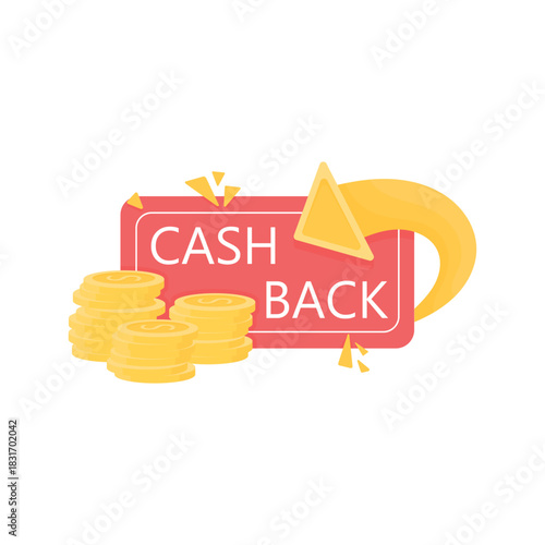 Cashback icon and graphic concept with arrows and a coin, signifying a refund. Cashback service, financial payment label. Flat vector illustration.