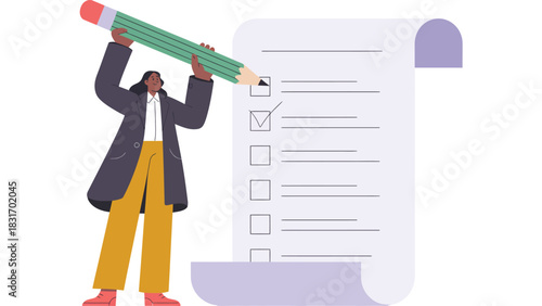 Person completing checklist with large pencil on clean document
