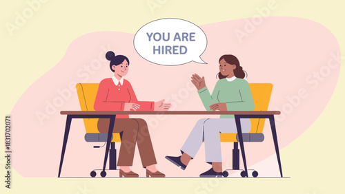 Job interview conversation with successful hiring decision
