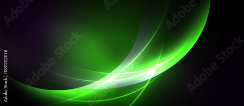 Abstract green waves, luminous lines, dark background. Smooth gradients create dynamic visual effect. Modern design element.