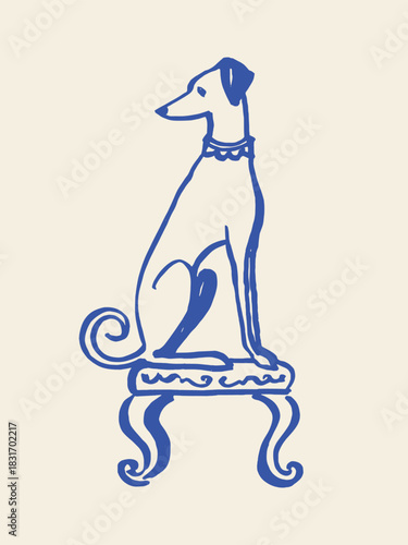 Elegant greyhound on stool naive sketch vector illustration
