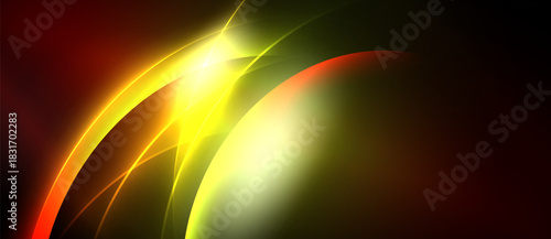 Abstract vibrant energy flows. Bright yellow light radiates, contrasting dark reds, greens. Smooth curves create dynamic visual impact.