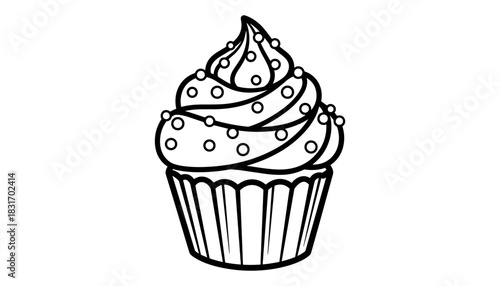Outline cupcake with sprinkles in black and white for coloring pages or desserts design
