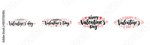 Happy Valentine’s Day Typography Set with Hearts, Floral Elements and Decorative Calligraphy for Romantic Holiday Designs