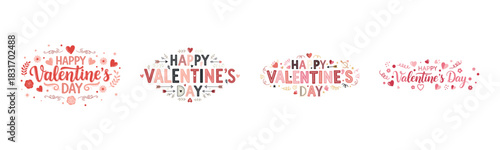 Happy Valentine’s Day Typography Set with Hearts, Floral Elements and Decorative Calligraphy for Romantic Holiday Designs