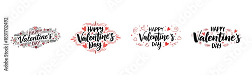 Happy Valentine’s Day Typography Set with Hearts, Floral Elements and Decorative Calligraphy for Romantic Holiday Designs