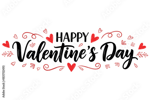 Happy Valentine’s Day Typography Set with Hearts, Floral Elements and Decorative Calligraphy for Romantic Holiday Designs